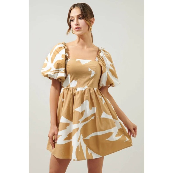 Sugar Lips Dresses & Skirts - SugarLips Hazel Abstract Marion Puff Sleeve Babydoll Mini Dress Abstract Leaf M